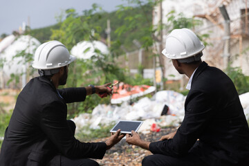 Two businessman or management team audit environment and rubbish around factory, Industrial and environment. NGO staff audit environment issue from industrial estate