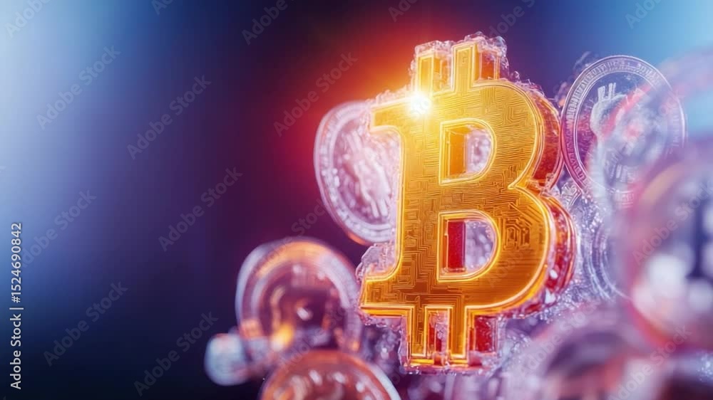 Poster bitcoin digital realm: illuminated bitcoin symbol at the heart of a dynamic digital sphere, symboliz