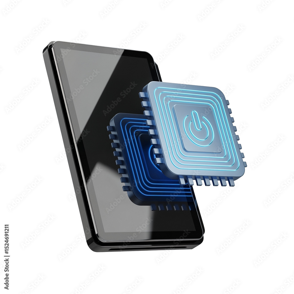 Poster smartphone showing cpu with power button, transparent background, 3d render