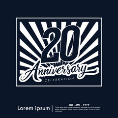 20th years anniversary celebration emblem. congratulations anniversary calligraphy isolated with laurel sunburst on black background. vector illustration template design for web	