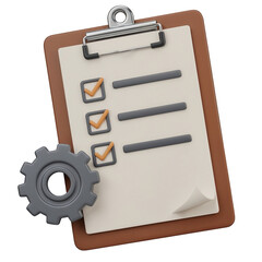 Clipboard with checkmarks and gear, completing tasks efficiently