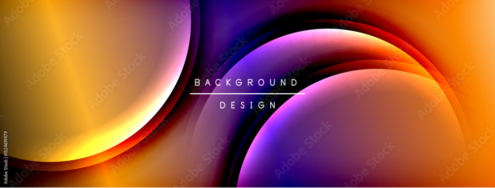 Poster Abstract background features flowing curves, vibrant colors. Orange, purple hues blend seamlessly creating dynamic visual effect. Modern design.