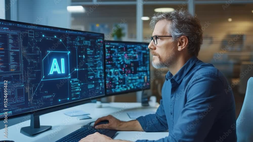 Poster ai visionary: a focused individual with glasses intently monitors a computer screen, the luminous 