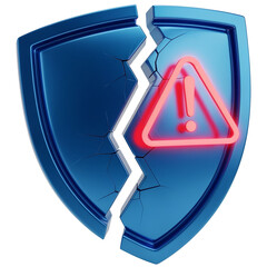 Broken security shield showing warning sign on transparent background