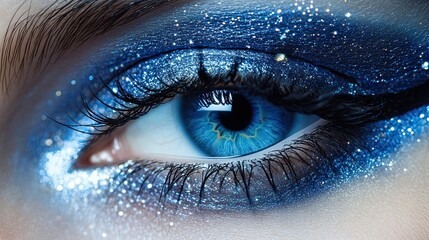 Close-up of a striking blue eye, revealing intricate iris details. 