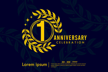 1st year anniversary celebration emblem. congratulations anniversary yellow logo with laurel wreath and stars on dark background. vector illustration template design for web	