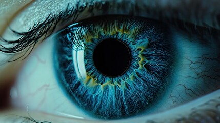 Close-up of a striking blue eye, revealing intricate iris details. 