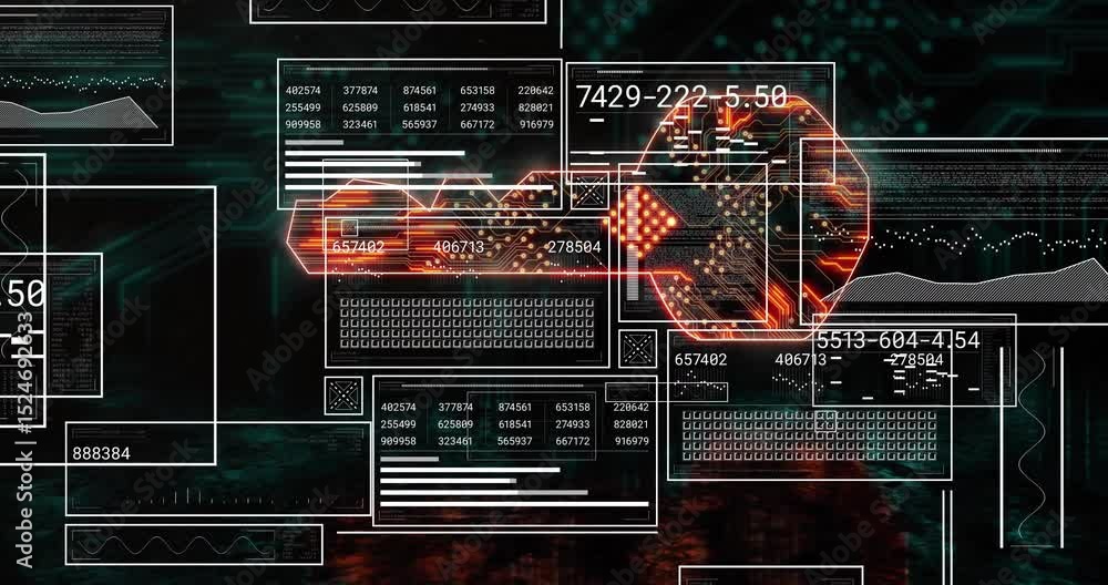 Poster opening circuit grid starting key fading, panels updating numbers, glow intensifying unlocking data