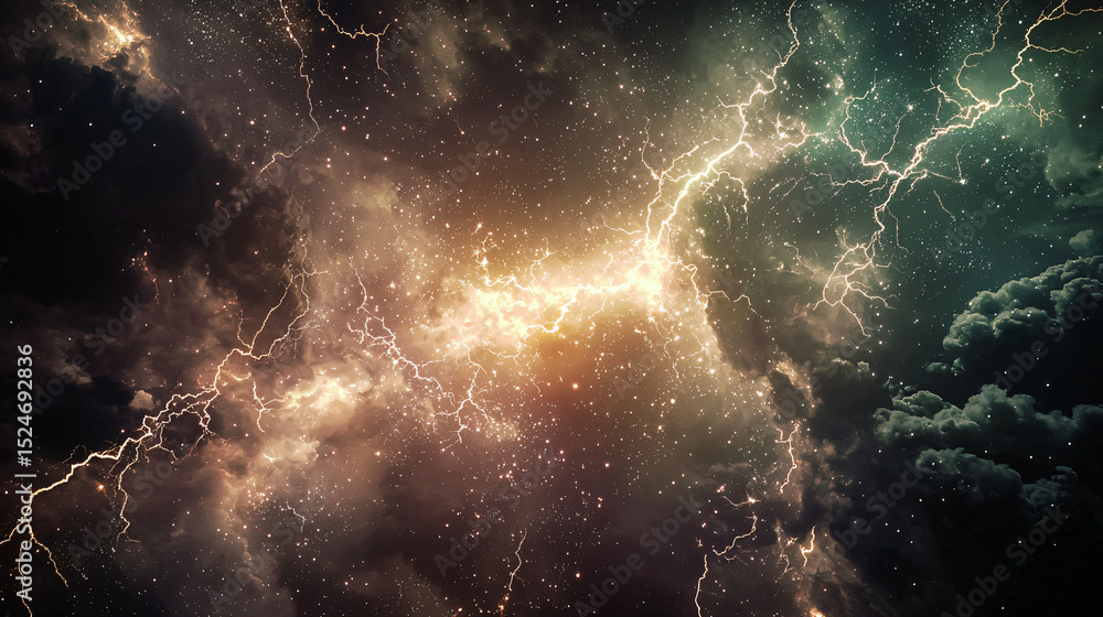 Poster intense lightning storm unfolding in the sky with flashes of light creating a stunning atmosphere.