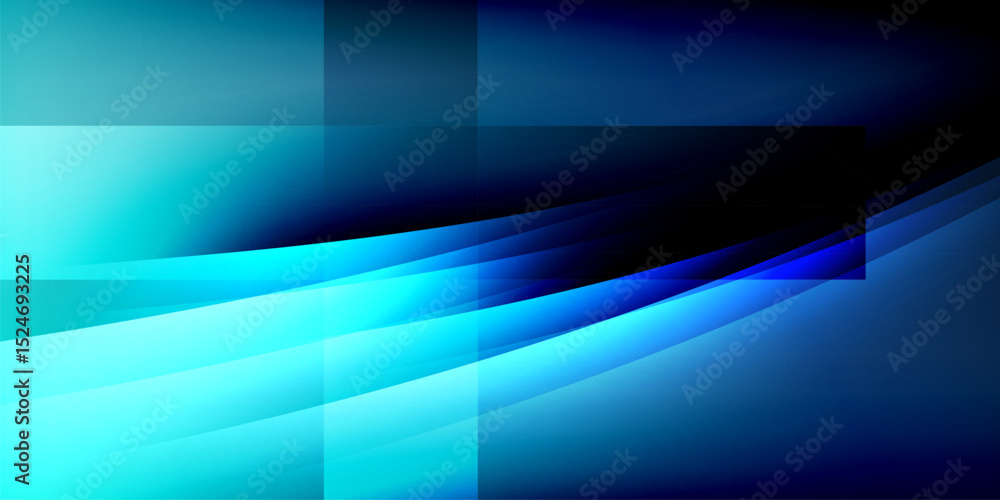 Poster Abstract composition. Blue shades dominate, creating dynamic flow. Rectangles, layers suggest depth, modern aesthetic.