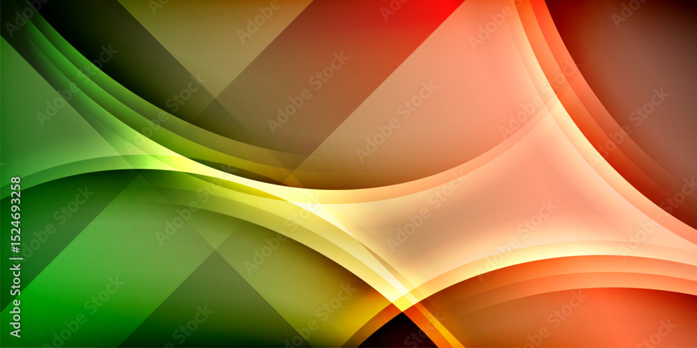 Poster Abstract design features flowing curves, vibrant colors against dark background. Red, green, orange hues create dynamic visual effect.
