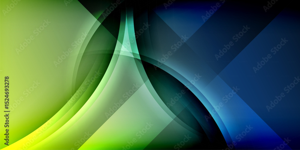 Aufkleber Abstract composition. Smooth curves intersect sharp angles. Vibrant greens, blues contrast dark background. Modern design, dynamic flow.