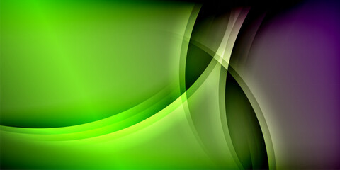 Abstract design features vibrant green, purple curves. Smooth gradients create dynamic visual effect. Dark background emphasizes bright colors.