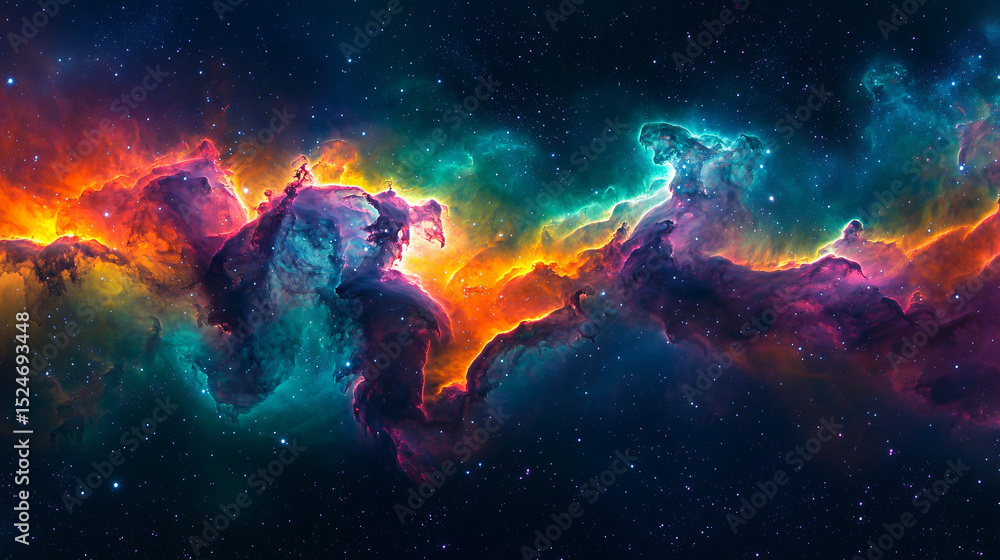 Poster the orion nebula displaying stunning colors and celestial activity in the vastness of outer space.
