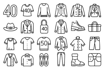 Collection of line icons depicting shirts jackets and coats isolated on transparent background