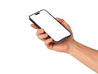 Close-up of hand holding modern smartphone with blank screen isolated.