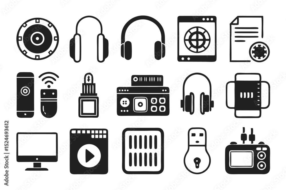 Poster computer accessory mouse line icons isolated on transparent background