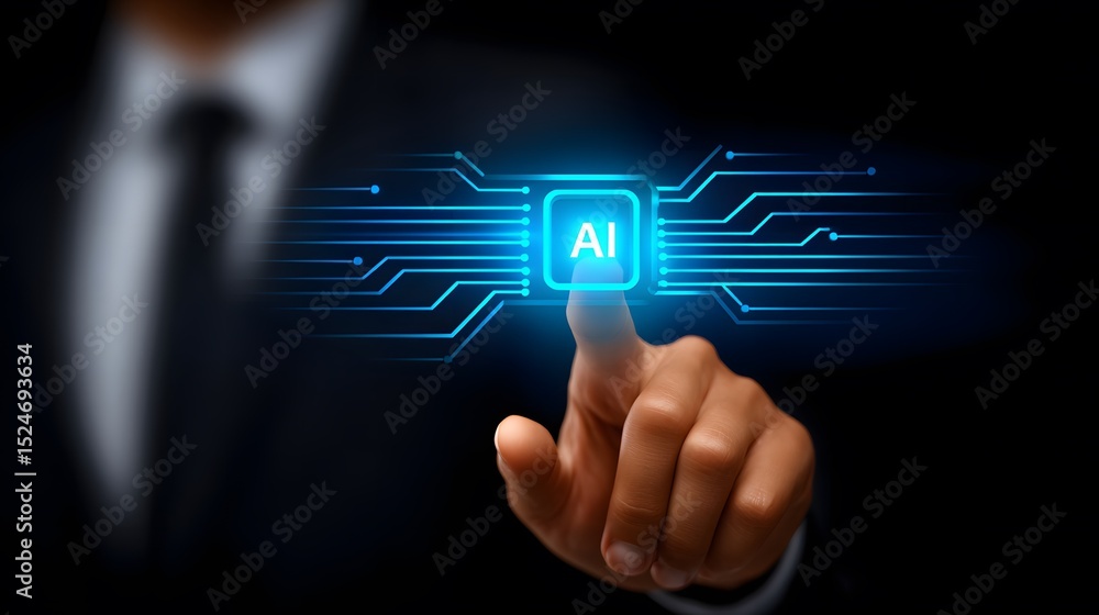 Poster businessman interacting with a digital ai interface, symbolizing artificial intelligence technology.