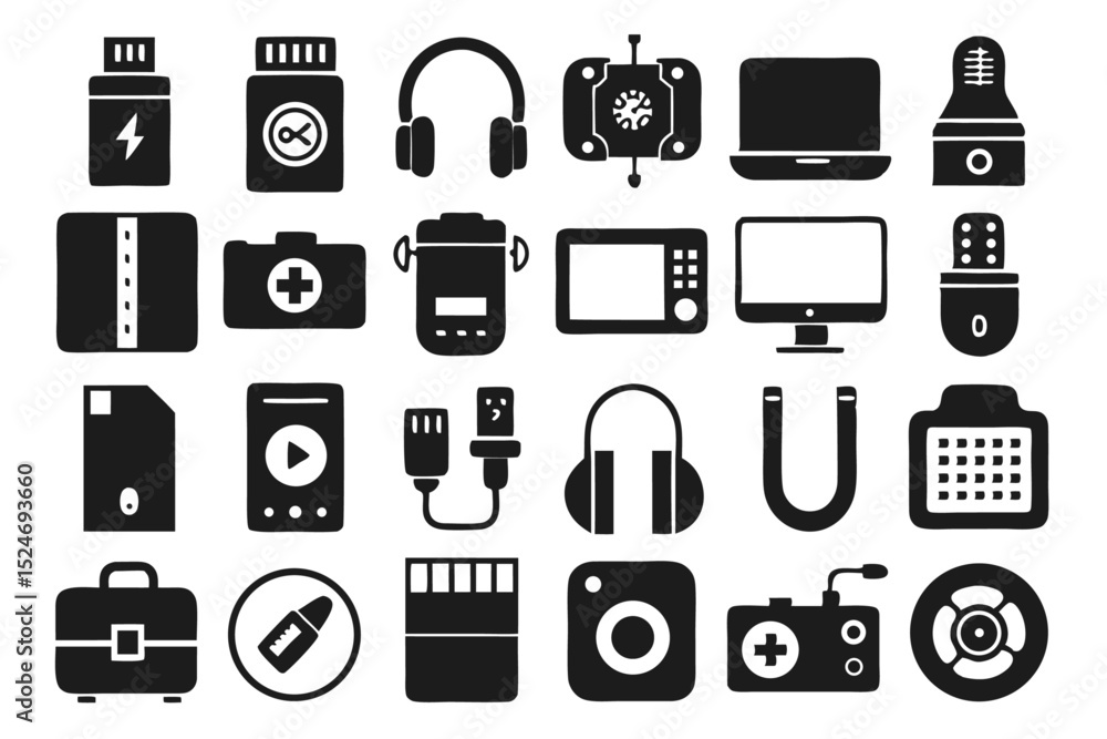 Poster collection of line icons depicting computer accessories and mice isolated on transparent background