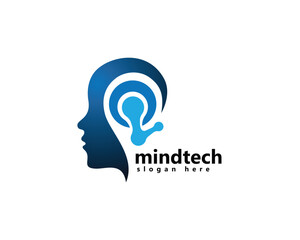 creative mind tech and robotic logo head with atom ,logo design template