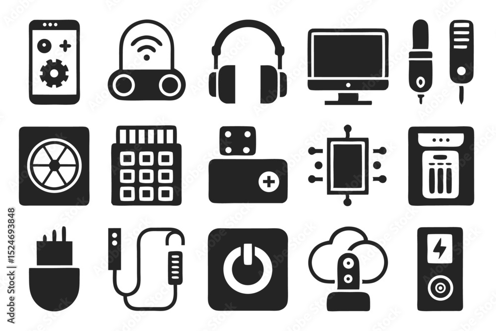 Poster collection of line icons depicting computer accessories and mice isolated on transparent background