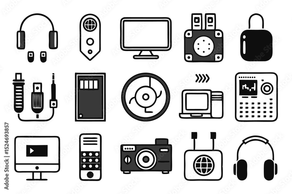 Poster collection of line icons depicting computer accessories and a mouse isolated on transparent backgrou