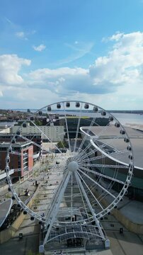 Aerial View of Historical and Modern Central Town Center and Downtown Buildings at British City Centre of Liverpool, Maritime city in northwest England, United Kingdom on Beach and Ocean Docks.