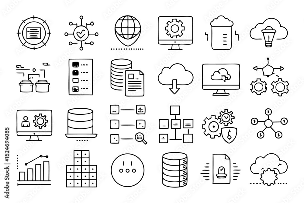 Poster collection of line icons for data analysis and analytics isolated on transparent background