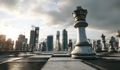 Chess Pieces on a Board with a Modern Cityscape Background