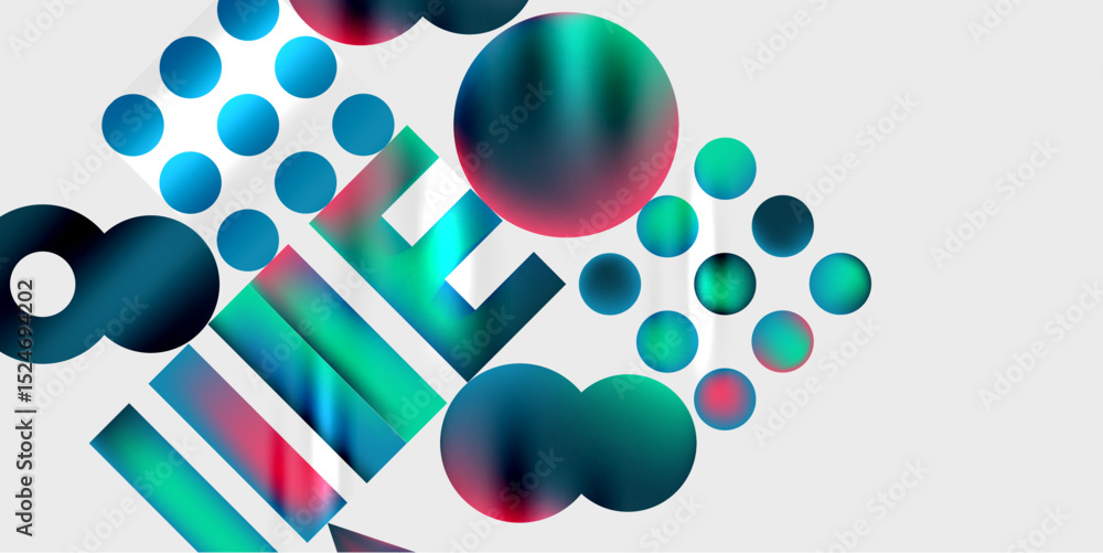 Poster Abstract composition featuring colorful circles, rectangles, gradients. Modern design with dynamic shapes, vibrant hues, minimalist aesthetic.
