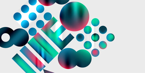 Abstract composition featuring colorful circles, rectangles, gradients. Modern design with dynamic shapes, vibrant hues, minimalist aesthetic.