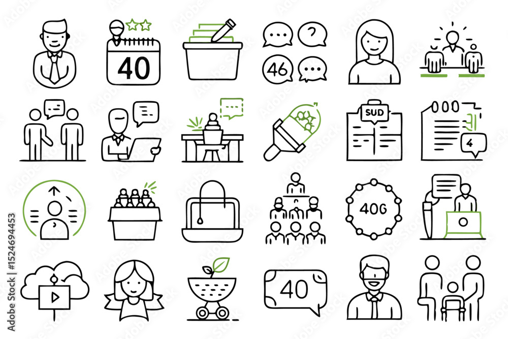 Poster collection of line icons for event planning and organization isolated on transparent background