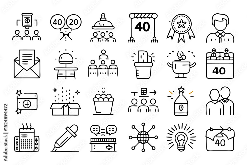 Poster collection of line icons for event planning and organization isolated on transparent background