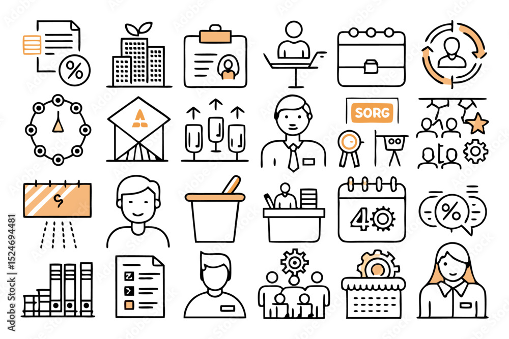 Poster collection of line icons for event planning and organization isolated on transparent background