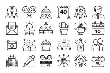 Collection of line icons for event planning and organization isolated on transparent background