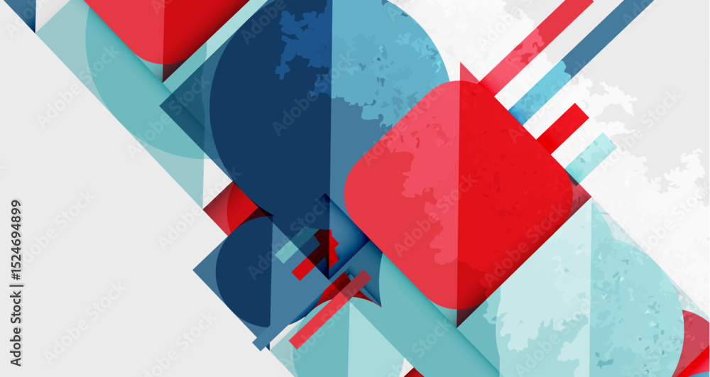 Leinwandbilder Abstract geometric composition. Overlapping shapes, rectangles, circles, lines create dynamic visual texture. Red, blue, cyan dominate palette.