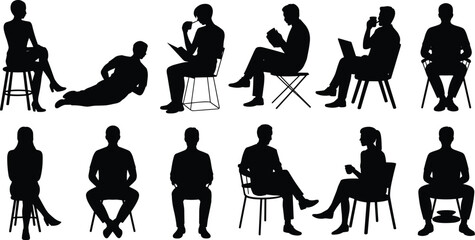 Silhouette people sitting, relaxing, reading, thinking, drinking coffee, using laptop, various postures, everyday life poses, black vector illustration