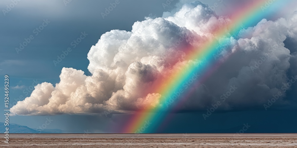 Poster dramatic windstorm with towering cumulonimbus clouds and vibrant rainbow symbolizing atmospheric ins