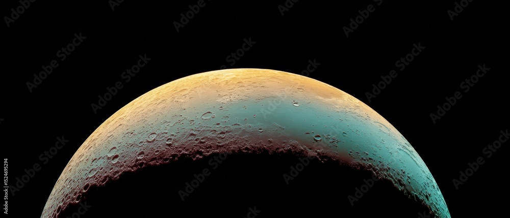 Poster new moon thin crescent detailed lunar surface with textures and shadows on stark black sky - astrono