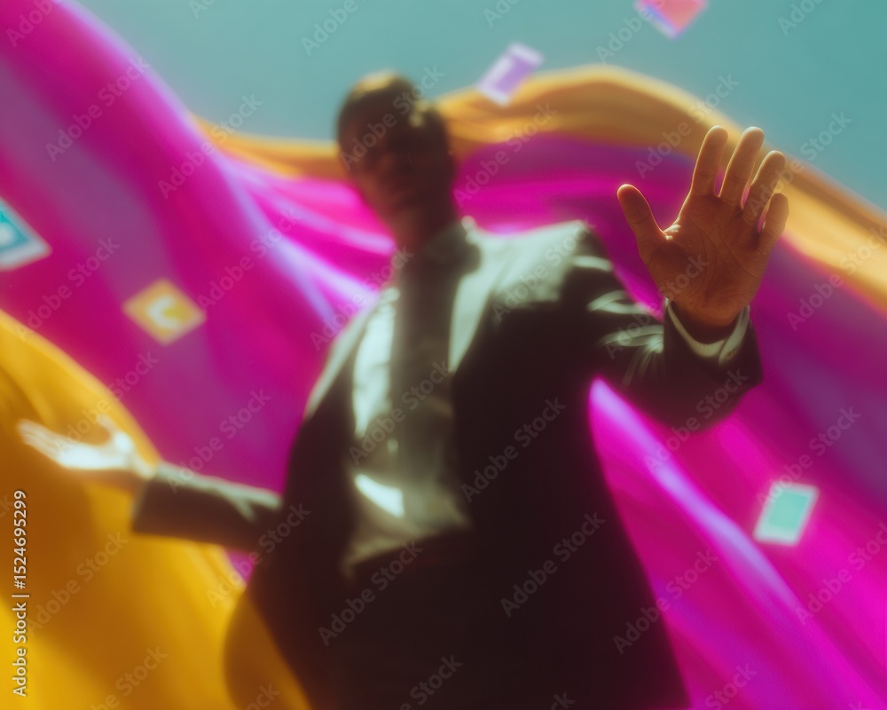 Poster futuristic it support businessman with floating digital icons and vibrant neon backlighting symboliz