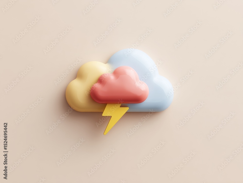 Poster minimalist plastic style weather icon with fluffy cloud and lightning bolt symbolizing severe storm 