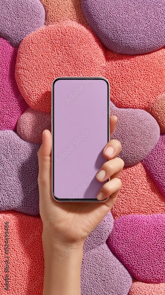 Poster modern female hand holding smartphone on textured colorful wall background with interactive digital 