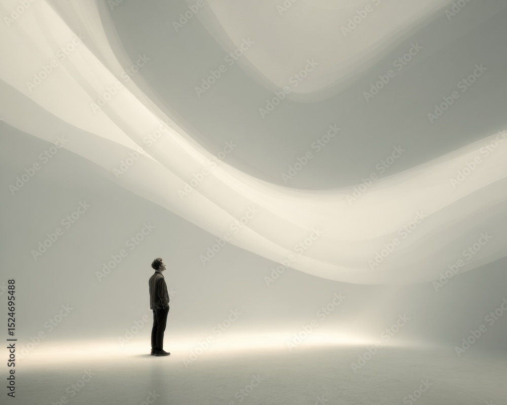 Poster Man in Minimalist Virtual Museum Engaged with Immersive Digital Art Installation Featuring Dynamic Wave Patterns and Futuristic Light Effects