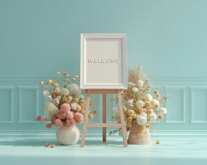 Minimalist Welcoming Ceremony Sign on Wooden Easel with Dried Floral Arrangements in Soft Pastel Room - Event Preparation and Guest Anticipation