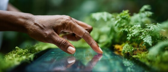 Healthcare professional interacting with touchscreen medical monitor displaying vital signs in green biophilic tech environment for modern patient care
