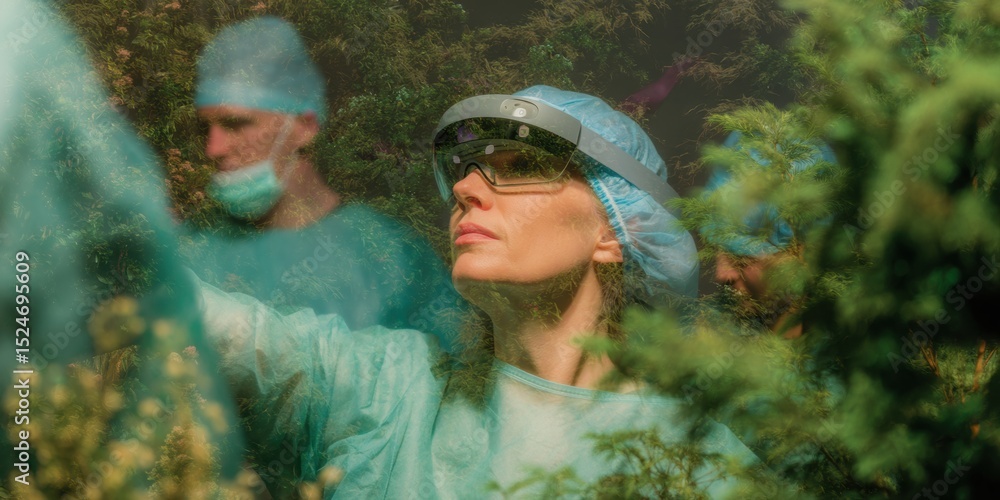 Poster female surgeon using augmented reality glasses to examine virtual brain scans in advanced operating 