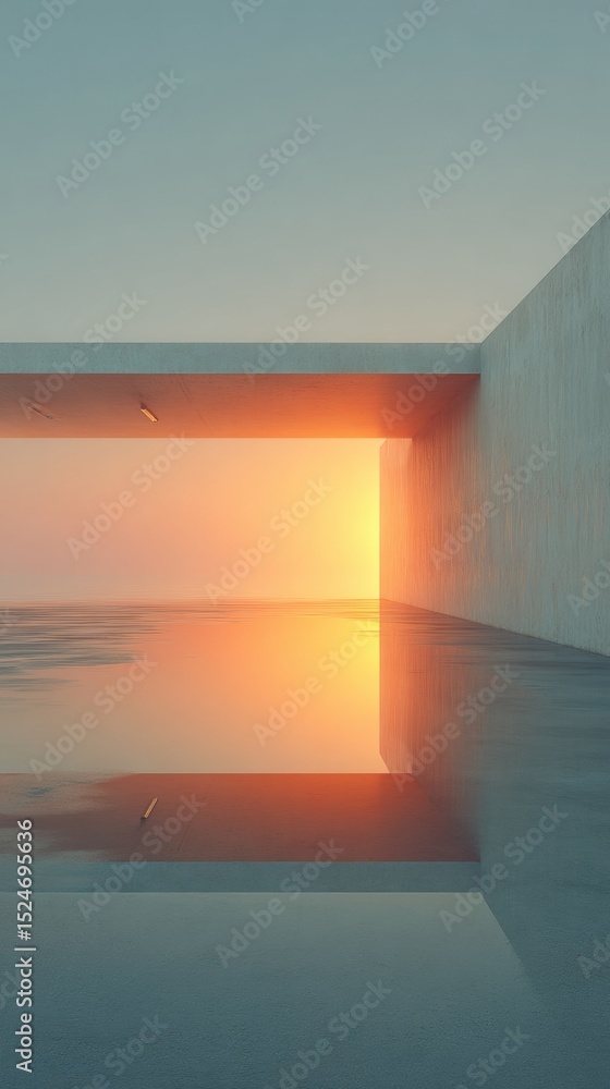 Poster minimalist concrete pool with reflective water and soft sunset light highlighting modern architectur