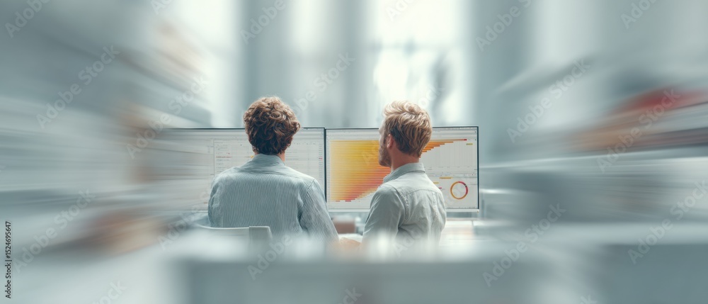 Fototapete Modern Business Professionals Collaborating on Data Dashboard with KPI Metrics in Open Office - Tech-Driven Analytics for Strategic Decision Making