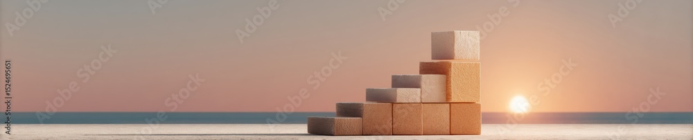 Poster Minimalist Wooden Block Staircase Symbolizing Structured Business Growth and Methodical Success with Warm Sunrise Background - Modern Strategy Concept