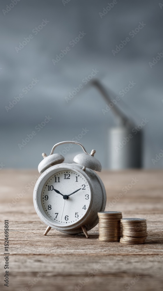 Poster vintage alarm clock with stacked coins on textured wood surface symbolizing time value of money for 